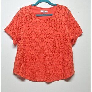 Womens top blouse ALIA LACE OVERLAY Size PXL short sleeve STRETCH Orange lined